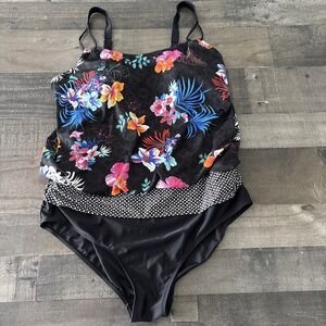 Meet Curve Black Floral Womens One piece Swimsuit Size 3XL